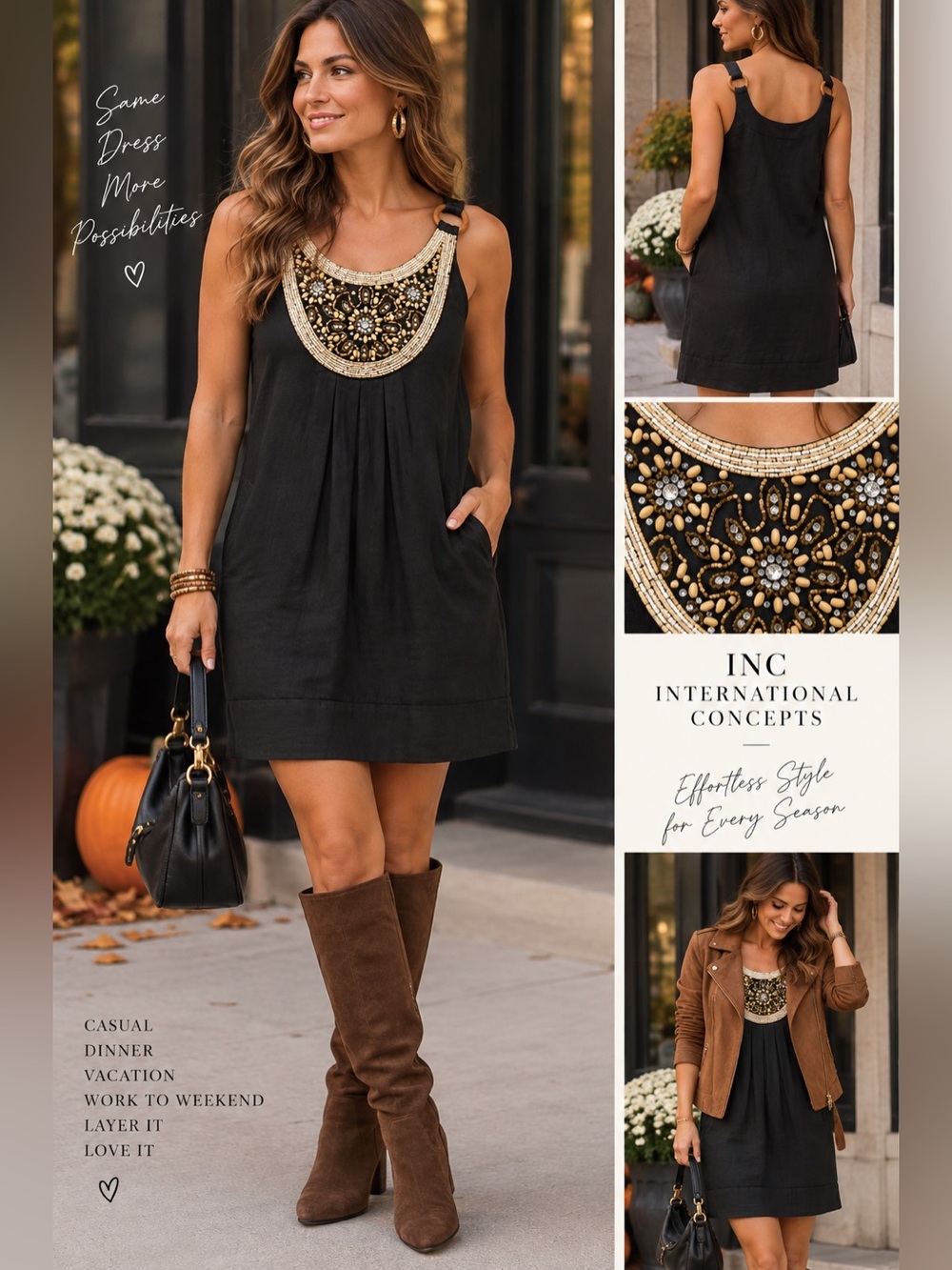 INC International Concepts Black Linen Beaded Embellished Dress Sz 2